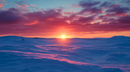 Fototapeta premium Stunning arctic sunset over a snowy tundra landscape, with the sun casting red and pink hues across the frozen horizon, creating a serene winter scene under a clear, frosty sky, cold weather nature
