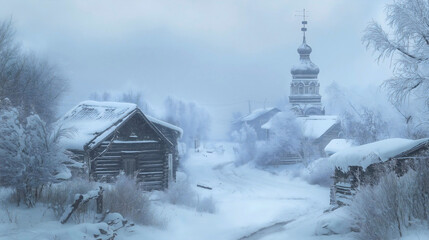 Vintage winter snow covered village landscape with old houses rural architecture in a frosty nature scene with a white and cold building in the countryside, travel and tourism in a snowy season