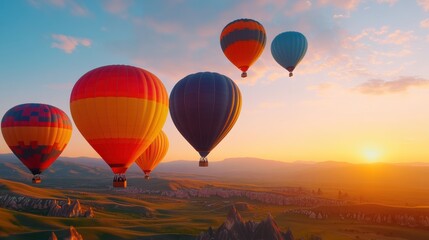 Obraz premium A group of hot air balloons flying in the sky at sunset, AI