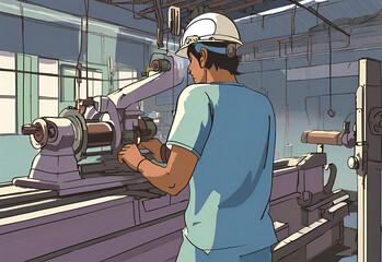 Worker with Helmet Inspects Heavy Machinery, Back to Viewer