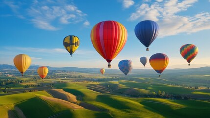 Naklejka premium A group of hot air balloons flying over a green field, AI