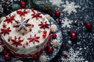 Festive Christmas Cake with Ornaments, Pinecones, and Holiday Decorations on Dark Background