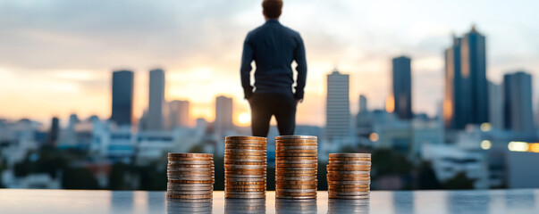 A young businessman stands confidently in front of city skyline, contemplating real estate investments with stacks of coins symbolizing financial growth and opportunity