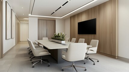 Fototapeta premium Modern conference room with elegant design, large table, comfortable chairs, and ample natural light for productive meetings.