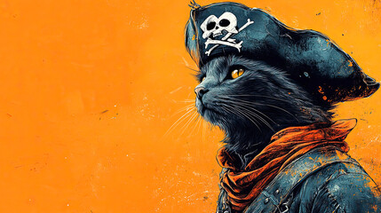 Cat in a pirate outfit on a colorful orange background