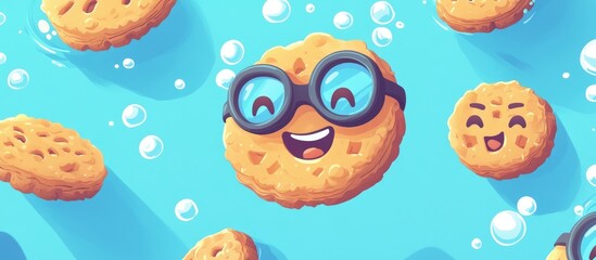 Adorable cartoon diver biscuits wearing swim goggles depicted in a contemporary flat design style