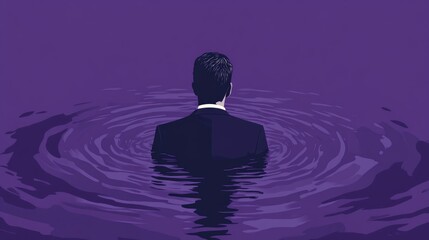 Man in a suit submerged in water symbolizing financial crisis and survival in business Isolated on a purple background Flat art raster graphic