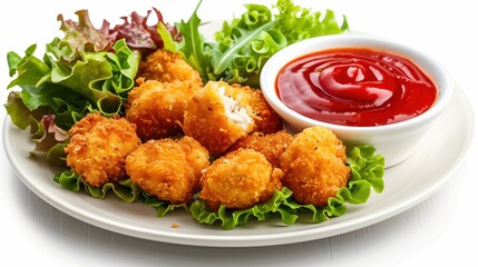 Delicious crispy fried chicken nuggets served with a rich dipping sauce on a bed of fresh lettuce, making for a mouth-watering and appetizing dish.