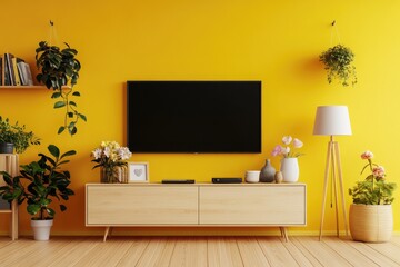 Modern Living Room Interior with Television on Cabinet, Lamp, Table, and Plants