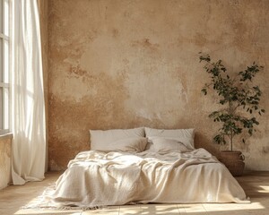 Rustic Chic Bedroom with Vintage Wall and Cozy Linen Bedding, Minimalist Home Decor Concept