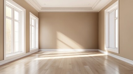 Fototapeta premium Empty interior corner featuring light brown walls white ceiling and light parquet flooring with a white plinth Unfurnished room viewed from a perspective angle 3D illustration Ultra HD