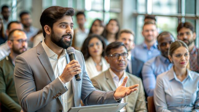 Indian Speaker at Conference – An Indian professional speaking to a diverse audience at a conference.	
