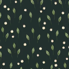 Gordijnen Green seamless pattern with leaves and white berries. Ideal for printing on fabric and wallpaper © Tatiana 