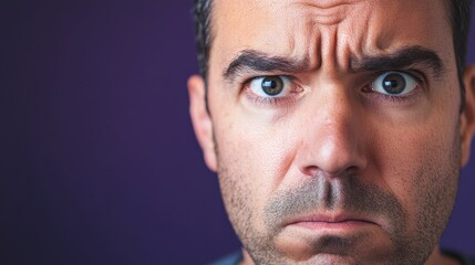 Obraz premium Frustrated Man with Strong Expression Against Purple Background