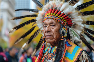 Fototapeta premium Native American man wearing traditional clothing and feather headdress during Indigenous Peoples Day celebrations. Columbus Day in the United States