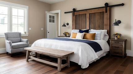 Modern rustic bedroom featuring a wooden bed with white and blue bedding, two side tables with lamps, a houndstooth armchair by a large window, and a wooden bench at the foot of the bed.