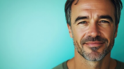 Fototapeta premium Smiling man with beard against a turquoise background