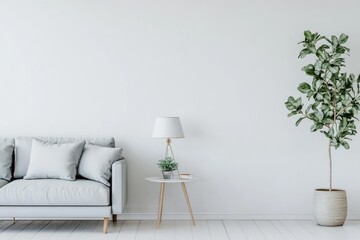 Scandinavian Living Room Interior Design with Cosy Sofa, Lamp, and Plants on White Wall Background