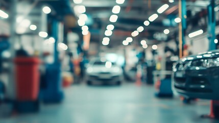 Fototapeta premium The abstract blurry image depicts a blurred car garage interior, a blurred mechanic service center, and a blurry car care station background.