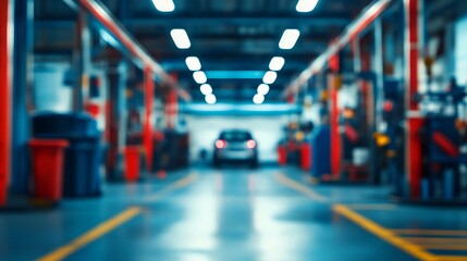 The abstract blurry image depicts a blurred car garage interior, a blurred mechanic service center, and a blurry car care station background.