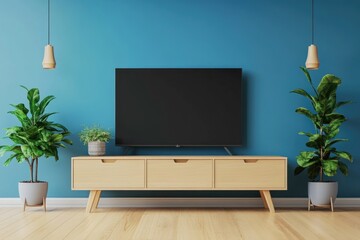 Modern Living Room Interior with TV on White Cabinet against Blue Wall Background