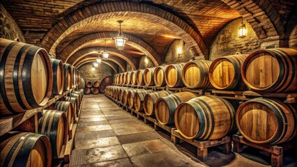 Vintage wine cellar with wooden barrels filled with aging wine, rustic interior d?cor