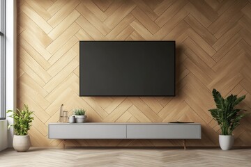 Modern Living Room Interior with Television Cabinet on Herringbone Wooden Wall