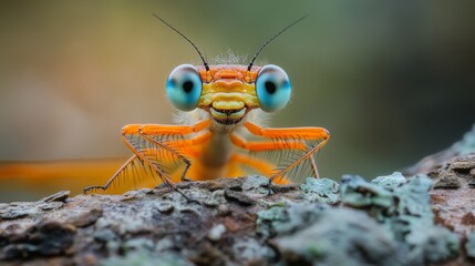 A bright orange damselfly rests on a tree branch. The photo focuses on its face, showing its colorful details. This beautiful insect was photographed.