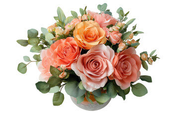 Obraz premium Beautiful bouquet of orange and pink roses in a vase with green leaves, perfect for celebrations, decorations, or as a lovely gift.