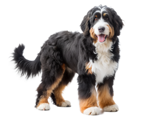 Bernedoodle dog standing and Looking at camera. Isolated on white background.