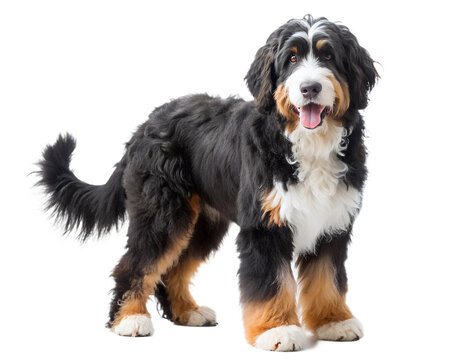 Bernedoodle dog standing and Looking at camera. Isolated on white background.