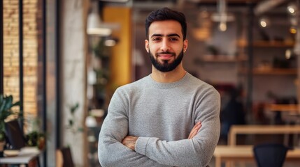 Fototapeta premium A confident young man stands with crossed arms in a cozy indoor setting, featuring warm lighting and modern decor.