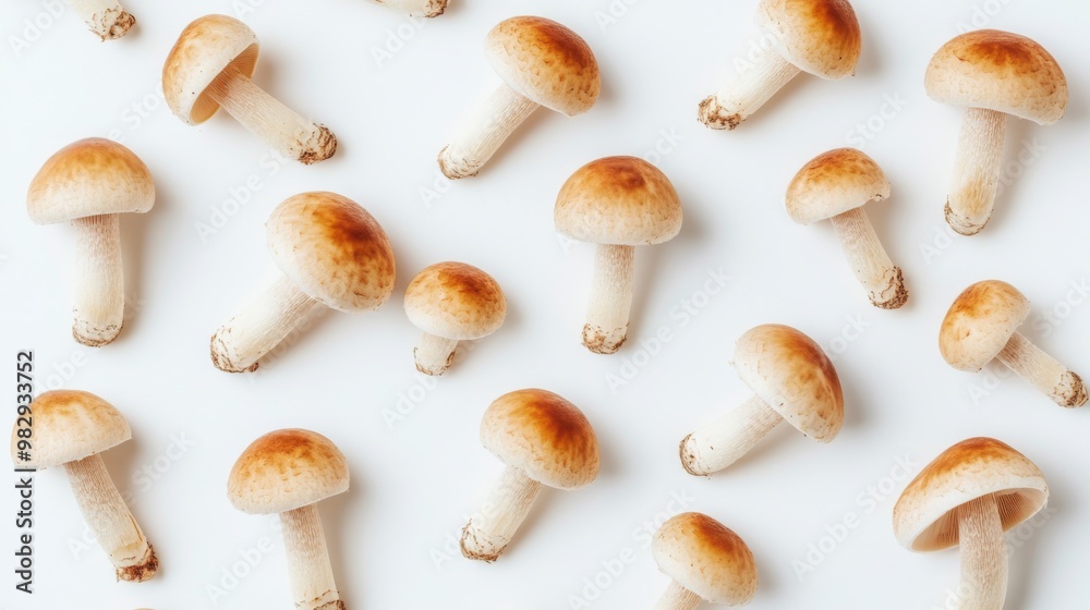 Poster a group of yanagi mushrooms scattered on a plain white background, their smooth caps and thin stems 