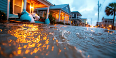 Residents sandbagging homes along a coastal region, bracing for an incoming storm surge and flood