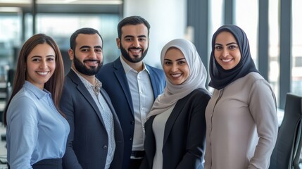 Obraz premium A diverse group of six professionals stands together in a modern office, showcasing teamwork and collaboration in a vibrant, friendly environment.