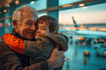 Grandfather hugging his grandson at an airport on Christmas Day