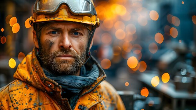 steel mill worker wearing protective gear including a yellow hard hat and safety glasses stands against a bright industrial backdrop