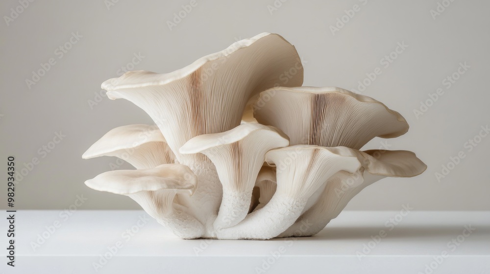 Poster a handful of king oyster mushrooms arranged artistically on a white surface, creating a simple yet e