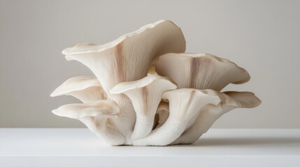 Fototapeta premium A handful of King oyster mushrooms arranged artistically on a white surface, creating a simple yet elegant composition.