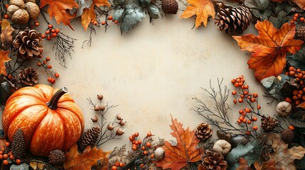 Autumn-themed decorative border perfect for Thanksgiving and Halloween. Ideal for dinner party invitations, fall celebrations, or seasonal greetings with copy space.