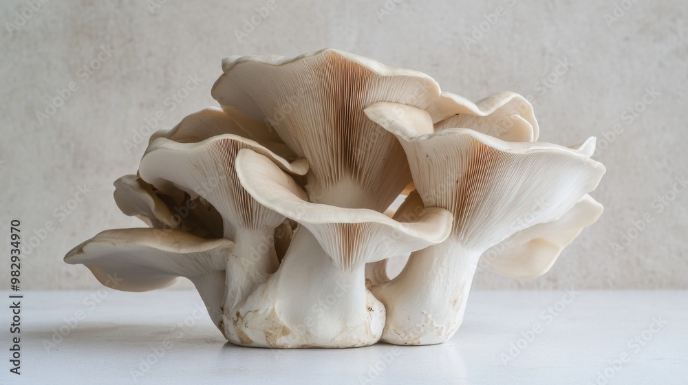 Poster a handful of king oyster mushrooms arranged artistically on a white surface, creating a simple yet e