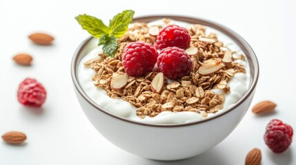 A healthy breakfast bowl featuring almond granola with yogurt and fresh fruit, garnished with whole almonds and set against a clean, white background.