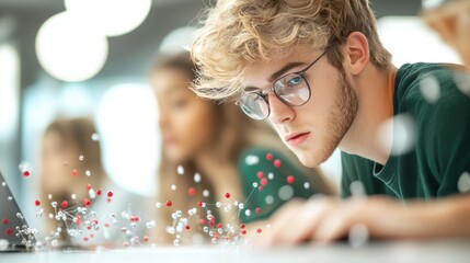 A group of students working collaboratively on a research project, analyzing data and creating statistical visualizations.