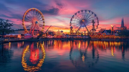 great fair with games and wheel of fortune in a beautiful dramatic sunset
