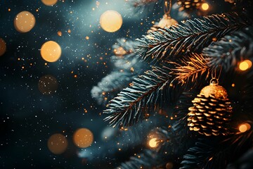Festive decorations on a Christmas tree with lights and snowflakes