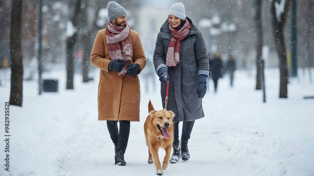 Wall mural a couple walking their dog in a snowy park, dressed in winter coats, scarves, and hats. the scene ca