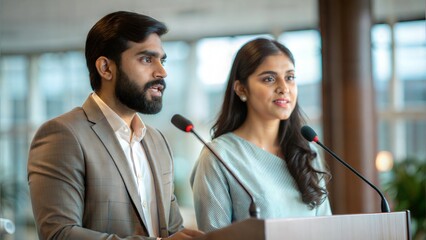 Indian Business Couple at Conference - A man and woman of Indian descent addressing an audience from a podium.	
