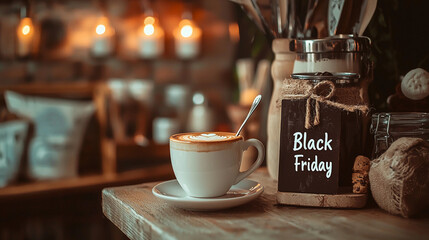 An eye-catching Black Friday sale concept. Aesthetic food shopping. Trendy brown colors. Ideal for advertising, marketing, promotions related to holiday shopping, discounts, and retail events