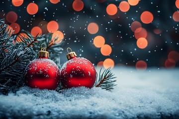 Festive red ornaments surrounded by snow and winter lights at dusk