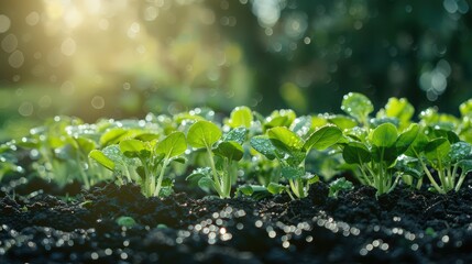 Young green sprouts on the field, illuminated by sunlight and dewdrops in the morning.